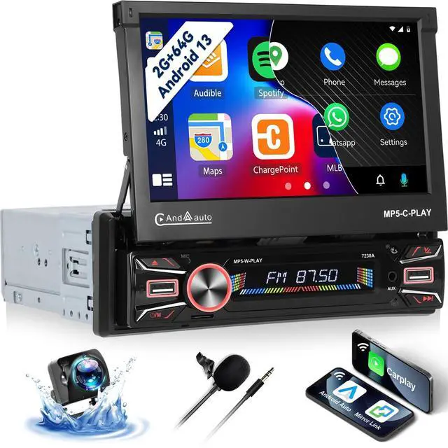 Main image of SIXTOP 2+64G Android 13 Single Din Car Stereo 7 Inch Motorized Flip Out Touchscreen with Wireless Carplay Android Auto Mirror Link Various Theme GPS Navi FM RDS DSP SWC Bluetooth WiFi+AHD Camer