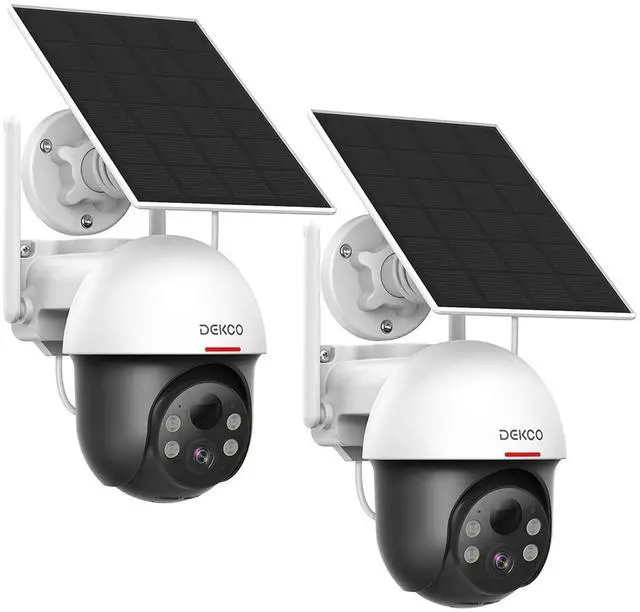 Main image of DEKCO Security Cameras Wireless Outdoor, Solar Powered, Panoramic PTZ, Auto Motion Tracking, True 2K, Color Night Vision, Spotlights, 2-Way Talk, 2 Pack
