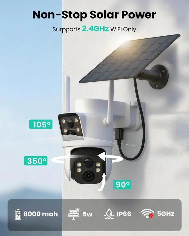Alt view image 4 of 5 - LIWAN Dual Lens Solar Security Camera Wireless Outdoor, 360 PTZ & Fixed Dual Lens, 2K Color Night Vision, 8000mAh Battery, PIR Human Detection, IP66 Weatherproof, 2-Way Audio, 2.4GHz WiFi Only