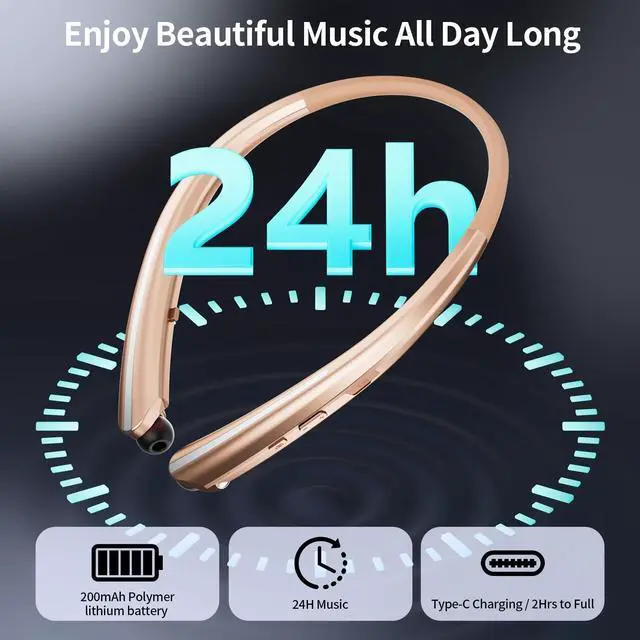 Alt view image 3 of 5 - LHKLUK Neckband Bluetooth Headphones, Wireless Retractable Headset with Mic, IPX5 Sweatproof Earphones, Noise Cancelling Earbuds ^^ 22H Playtime for Sports/Running/Driving (Rose Gold)