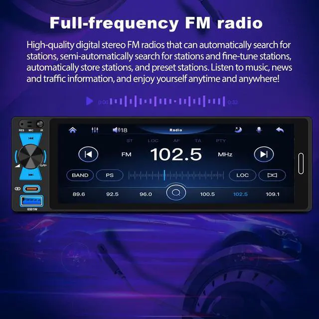 Alt view image 3 of 5 - 6.5" Single Din Car Stereo Wireless Apple CarPlay Android Auto, Car Radio Bluetooth 5.2, FM/AM/RDS, IPS HD Touchscreen, Type-C Fast Charging