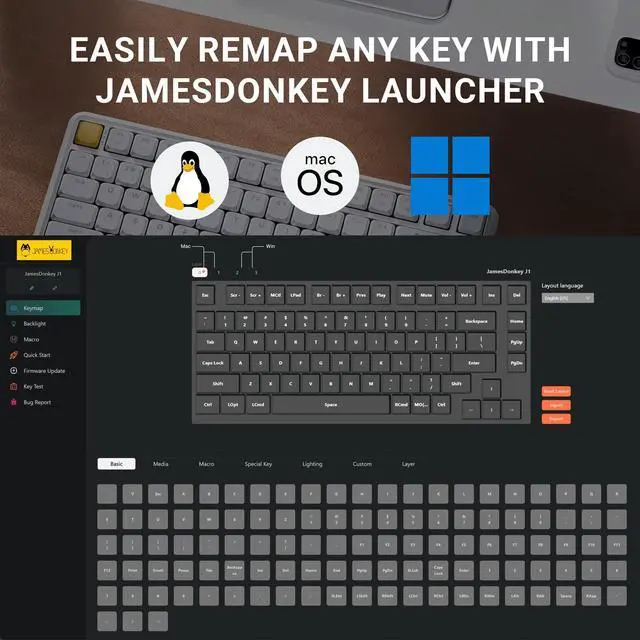 Alt view image 3 of 5 - JamesDonkey J1 Low-Profile Wireless Mechanical Keyboard - QMK/VIA RGB Backlit, 2.4G/Bluetooth/USB-C Triple Mode, 75% Layout PBT Keycaps, Red Tactile Switch, Mac/Win/Linux Compatible - White