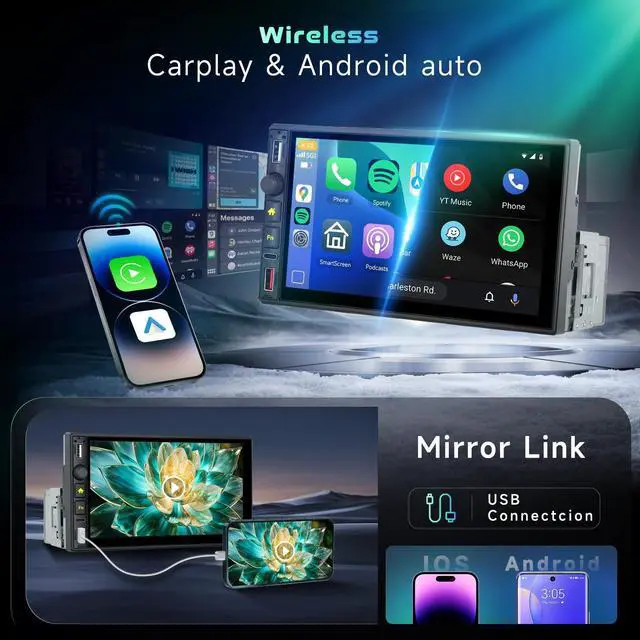 Alt view image 2 of 5 - Driauto Single Din Car Stereo with Wireless Carplay Android Auto, 7 Inch 1 Din Car Radio Touch Screen with Bluetooth Mirror Link FM USB/Type-C, SWC Colorful Backlight Car Audio Receiver+ Backup