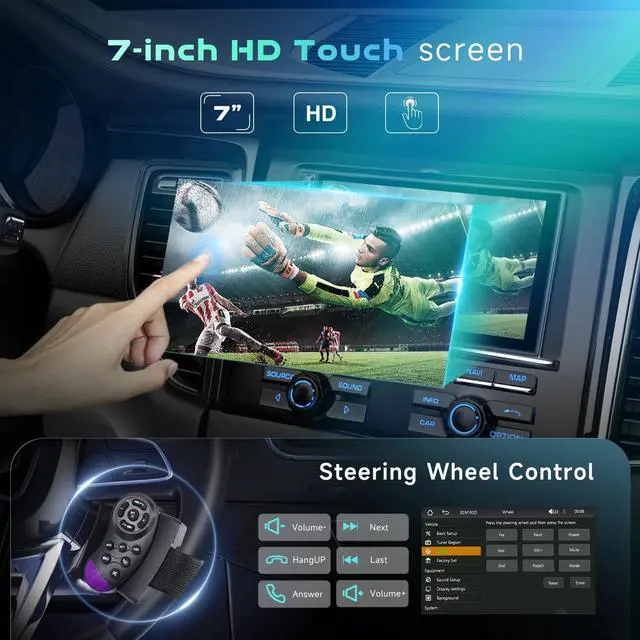 Alt view image 3 of 5 - Driauto Single Din Car Stereo with Wireless Carplay Android Auto, 7 Inch 1 Din Car Radio Touch Screen with Bluetooth Mirror Link FM USB/Type-C, SWC Colorful Backlight Car Audio Receiver+ Backup