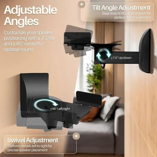 Alt view image 2 of 5 - TNP Speaker Wall Mount, Dual Side Clamping Speaker Mounting Brackets for Bookshelf, Surround Sound & Studio Speakers, Adjustable Swivel Tilt, Up to 55 lbs, 2 Pack, Black