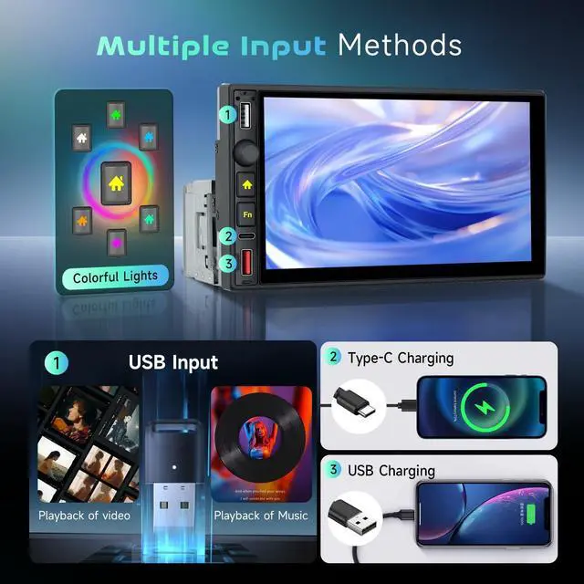 Alt view image 5 of 5 - Driauto Single Din Car Stereo with Wireless Carplay Android Auto, 7 Inch 1 Din Car Radio Touch Screen with Bluetooth Mirror Link FM USB/Type-C, SWC Colorful Backlight Car Audio Receiver+ Backup