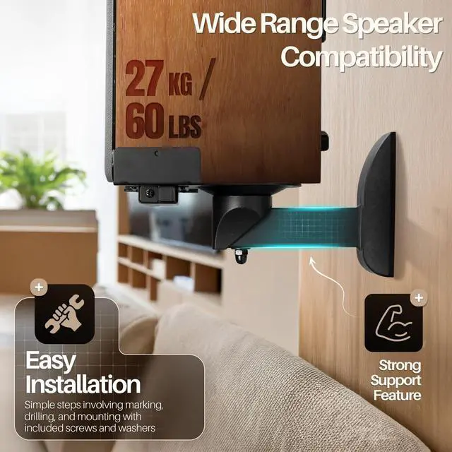 Alt view image 4 of 5 - TNP Speaker Wall Mount, Dual Side Clamping Speaker Mounting Brackets for Bookshelf, Surround Sound & Studio Speakers, Adjustable Swivel Tilt, Up to 55 lbs, 2 Pack, Black
