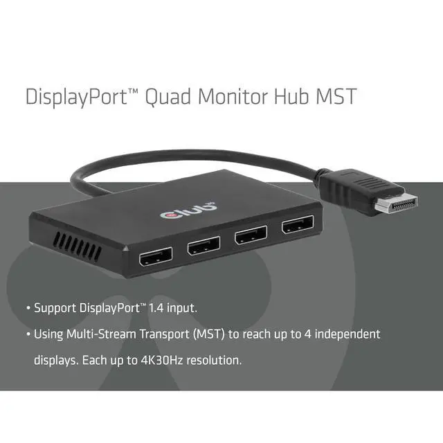 Alt view image 4 of 5 - Club 3D CSV-7400 DisplayPort to Quad Displayport MST Hub 4 x 4K 30Hz