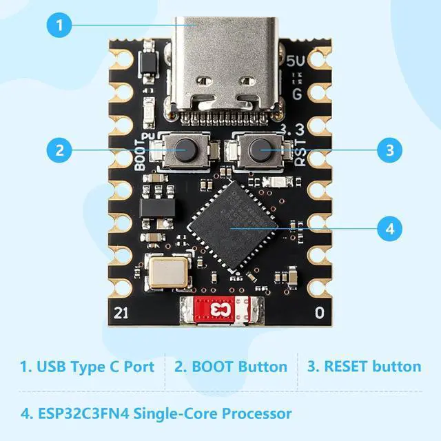 Alt view image 3 of 5 - ESP32-C3 Super Mini Development Board 5PCS, ESP32 C3 Mini WiFi Bluetooth 5.0, 160MHz RISC-V ESP32C3 IoT Board, ESP32-C3 Supermini for Arduino, MicroPython, Smart Home & Wireless Projects