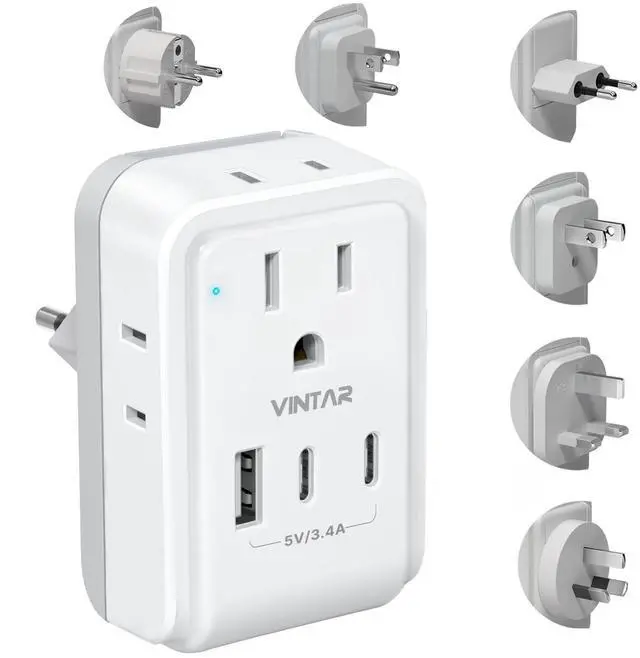 Main image of VINTAR Universal Travel Adapter Kit, International Power Adapter with 4 AC & 3 USB Ports(2 USB C), Type A,B,C,E/F,G,I, Swap Adapt Attachments, Travel Adapter Worldwide for Europe/UK/Aus/Japan/Africa