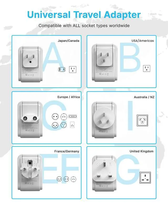 Alt view image 2 of 5 - VINTAR Universal Travel Adapter Kit, International Power Adapter with 4 AC & 3 USB Ports(2 USB C), Type A,B,C,E/F,G,I, Swap Adapt Attachments, Travel Adapter Worldwide for Europe/UK/Aus/Japan/Africa