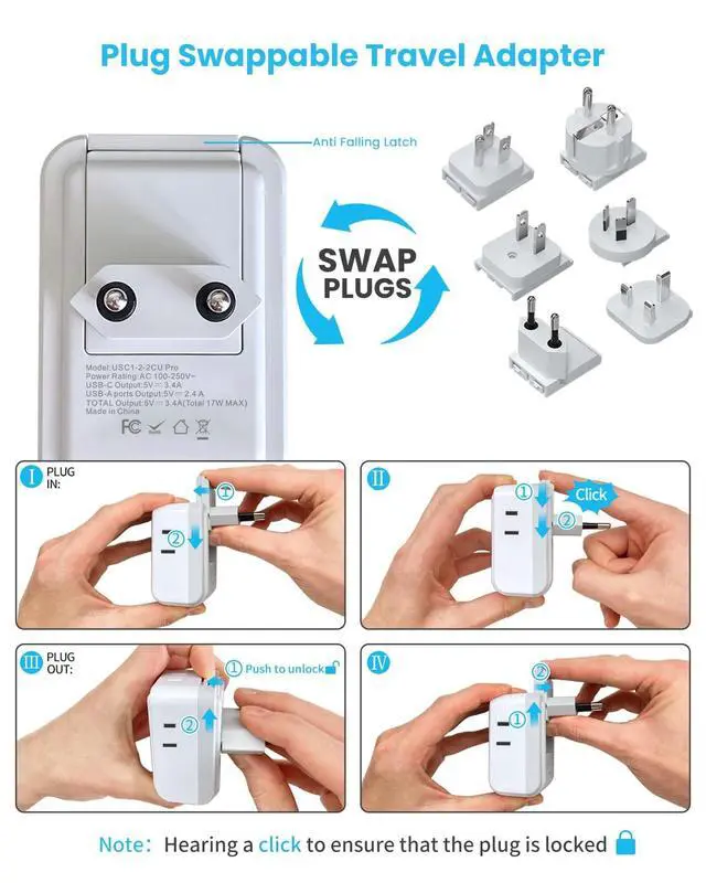 Alt view image 3 of 5 - VINTAR Universal Travel Adapter Kit, International Power Adapter with 4 AC & 3 USB Ports(2 USB C), Type A,B,C,E/F,G,I, Swap Adapt Attachments, Travel Adapter Worldwide for Europe/UK/Aus/Japan/Africa