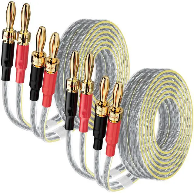 Main image of Mygatti 2 Pack 16/2 Speaker Flat Wire Cable with Banana Tip Plugs 15 FT, 16 Gauge AWG Wire, Tinned OFC Copper, Transparent Jacket with Yellow Polarity Marker, for Indoor & Outdoor, Hi-Fi