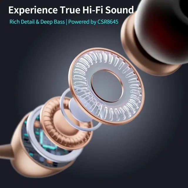 Alt view image 5 of 5 - LHKLUK Neckband Bluetooth Headphones, Wireless Retractable Headset with Mic, IPX5 Sweatproof Earphones, Noise Cancelling Earbuds ^^ 22H Playtime for Sports/Running/Driving (Rose Gold)
