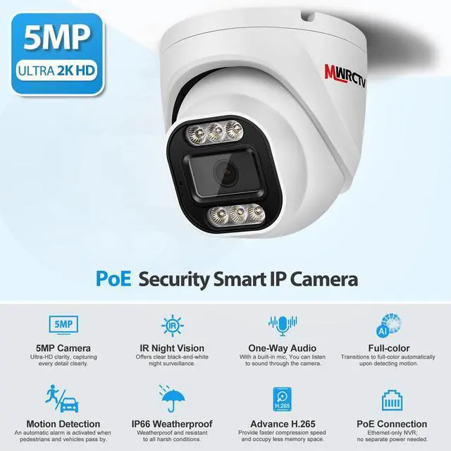 Alt view image 2 of 5 - MWRCTV 5MP Security POE IP Camera Outdoor,2.8mm 110 Wide Angle Lens,AI Human Detection Smart Color Night Vision,Built in Mic,Full Metal Case IP66 Waterproof for Home Surveillance