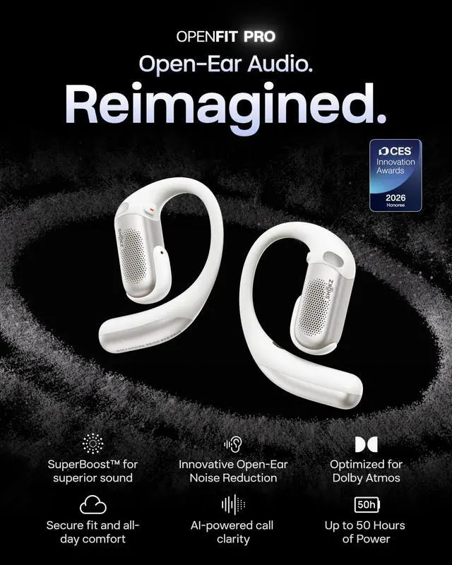 Alt view image 2 of 5 - SHOKZ OpenFit Pro Open-Ear True Wireless Earbuds with Open-Ear Noise Reduction, Optimised for Dolby Atmos, Deep Bass, 50H Playtime, AI-Powered Clear Calls for Work, Sport, Bluetooth 6.1, IP55,