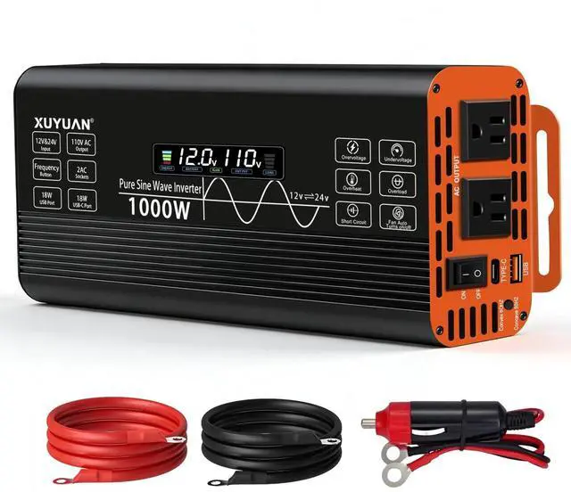 Main image of 1000 Watt Pure Sine Wave Inverter Automatic Intelligent Identification of 12V/24V Pure Sine Wave Inverter 2 AC Outlets & 2 USB Ports, Multi-Protection for RV Camping Truck Emergency