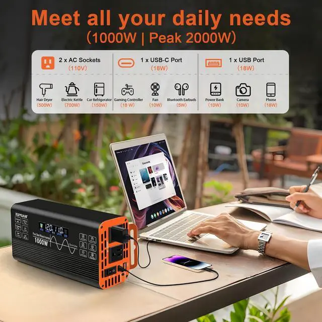 Alt view image 4 of 5 - 1000 Watt Pure Sine Wave Inverter Automatic Intelligent Identification of 12V/24V Pure Sine Wave Inverter 2 AC Outlets & 2 USB Ports, Multi-Protection for RV Camping Truck Emergency