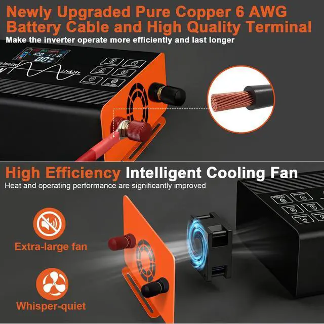 Alt view image 5 of 5 - 1000 Watt Pure Sine Wave Inverter Automatic Intelligent Identification of 12V/24V Pure Sine Wave Inverter 2 AC Outlets & 2 USB Ports, Multi-Protection for RV Camping Truck Emergency