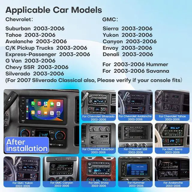 Alt view image 2 of 5 - Car Radio for Chevy Chevrolet Silverado SSR Tahoe 2003-2006 GMC Siera Yukon 2003-2006 Hummer 2003-2006 Head Unit with CarPlay Tesla Style Touch Screen Android Auto Bluetooth GPS Backup Camera