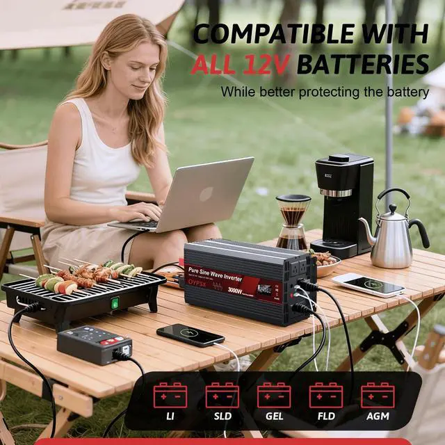 Alt view image 2 of 5 - OYPSX 3000W Power Inverter 12V to 110V 120V AC Pure Sine Wave Inverter for RV Truck Camping,Outdoor Off-Grid Power Converter with LCD Display,Wired Controller,AC Outlets USB Ports(12V-3000Watt)