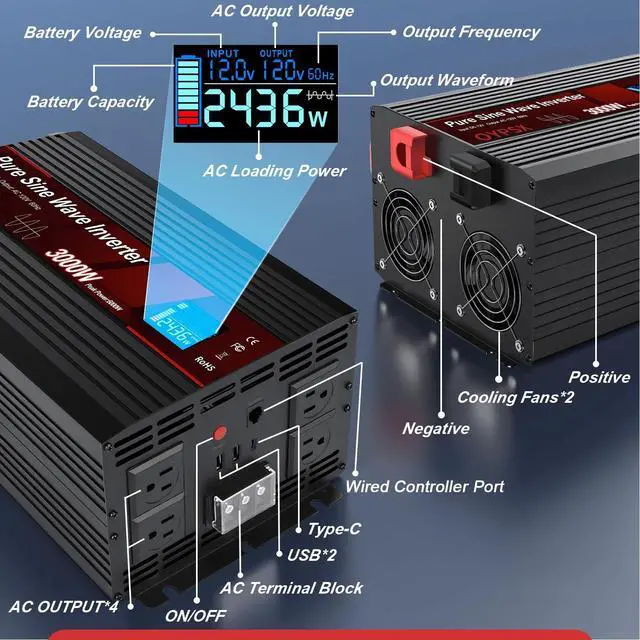 Alt view image 3 of 5 - OYPSX 3000W Power Inverter 12V to 110V 120V AC Pure Sine Wave Inverter for RV Truck Camping,Outdoor Off-Grid Power Converter with LCD Display,Wired Controller,AC Outlets USB Ports(12V-3000Watt)
