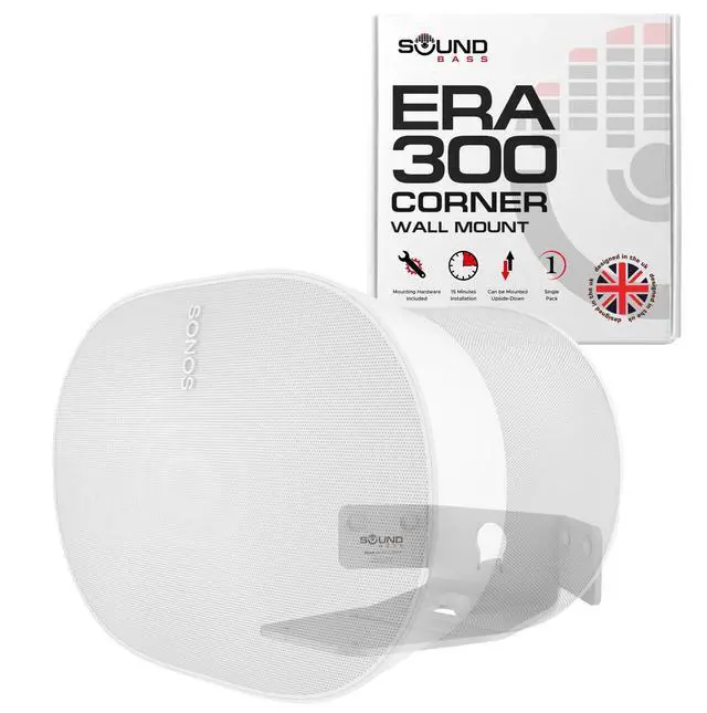 Main image of Sound Bass ERA300 Corner Wall Mount Bracket, Low Profile, White, Single (1pc), Includes Mounting Hardware, Compatible with Sonos ERA 300 Speaker