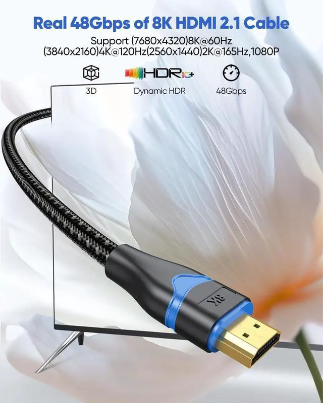 Alt view image 4 of 5 - ApoJodly HDMI Cable 25 FT, 8K Long HDMI Cable 25 Foot 4K Ultra High Speed HDMI 2.1 Braided Cord 8K@60Hz, 4K@120Hz, eARC, HDCP2.3, HDR10 for HDTV, Projector, Monitor, Home Theater, Gaming, RTX