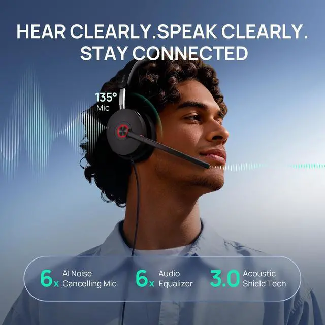 Alt view image 3 of 5 - Yealink UH48 ANC Wired USB-C/A Headset with 6 AI Noise Canceling Microphones, Teams & Zoom Certified, Dual ear Headphones Comfort for Remote Work and Home Office, Play & Plug for Laptop/Phone/Computer