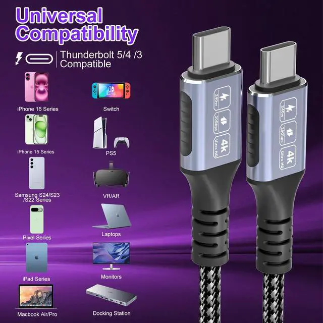 Alt view image 2 of 5 - Diliichar 20Gbps USB4 for Thunderbolt 5 Cable 20FT/6M, 4K@60Hz Video for USB C Thunderbolt 4 Cable, Nylon Braided PD240W Charging Compatible for Thunderbolt 5/4/3, MacBook, iPhone 17, Mac