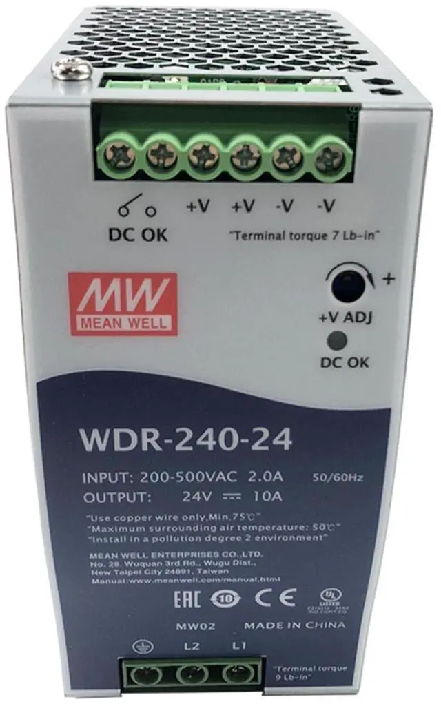 Main image of WDR-240-24 240W 24V 10A DIN Rail Power Supply - 91% High Efficiency, Active PFC, Compact Design for Light Load Industrial Control and Automation - 180-550VAC Input, Reliable