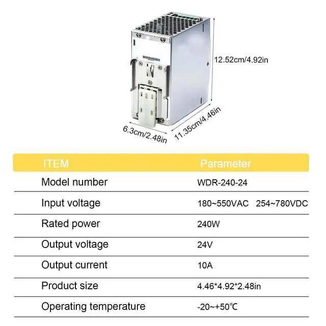 Alt view image 5 of 5 - WDR-240-24 240W 24V 10A DIN Rail Power Supply - 91% High Efficiency, Active PFC, Compact Design for Light Load Industrial Control and Automation - 180-550VAC Input, Reliable