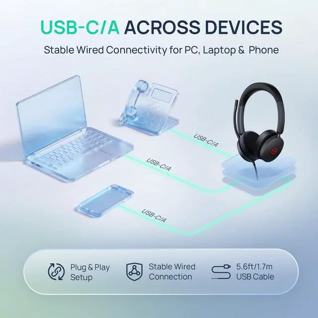 Alt view image 4 of 5 - Yealink UH48 ANC Wired USB-C/A Headset with 6 AI Noise Canceling Microphones, Teams & Zoom Certified, Dual ear Headphones Comfort for Remote Work and Home Office, Play & Plug for Laptop/Phone/Computer