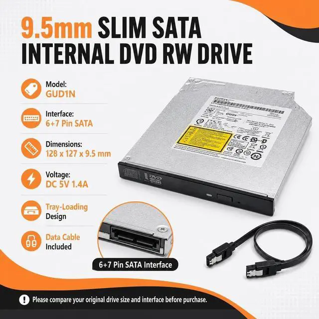 Alt view image 2 of 5 - POINWER 9.5mm SATA Internal DVD RW Drive, GUD1N Slim Tray-Loading Optical Drive, 8X CD DVD Burner Writer with M-DISC Support, Super Multi Replacement for Laptop and Slim Desktop, Data Cable Included