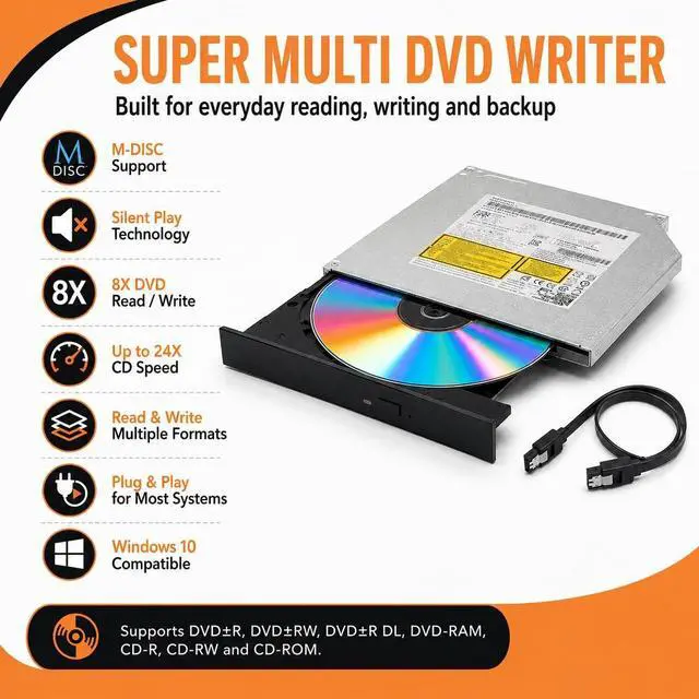Alt view image 3 of 5 - POINWER 9.5mm SATA Internal DVD RW Drive, GUD1N Slim Tray-Loading Optical Drive, 8X CD DVD Burner Writer with M-DISC Support, Super Multi Replacement for Laptop and Slim Desktop, Data Cable Included