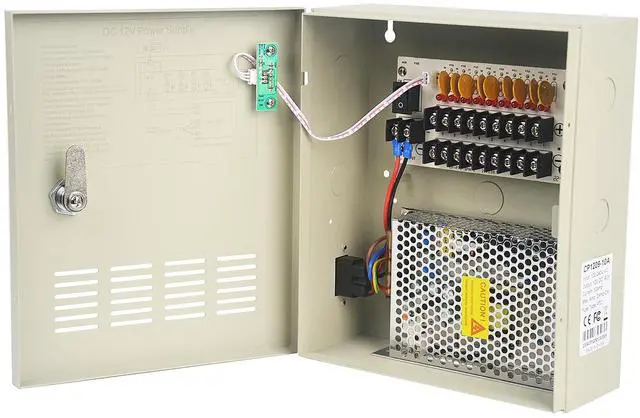 Main image of 9 Channel CCTV Distributed Power Supply Box for Security Camera - 9 Ports 10A 12V DC Output - PTC Fuse- Regulated and Filtered - Surge Protected - Key Lock - Designed for Surveillance DVR System