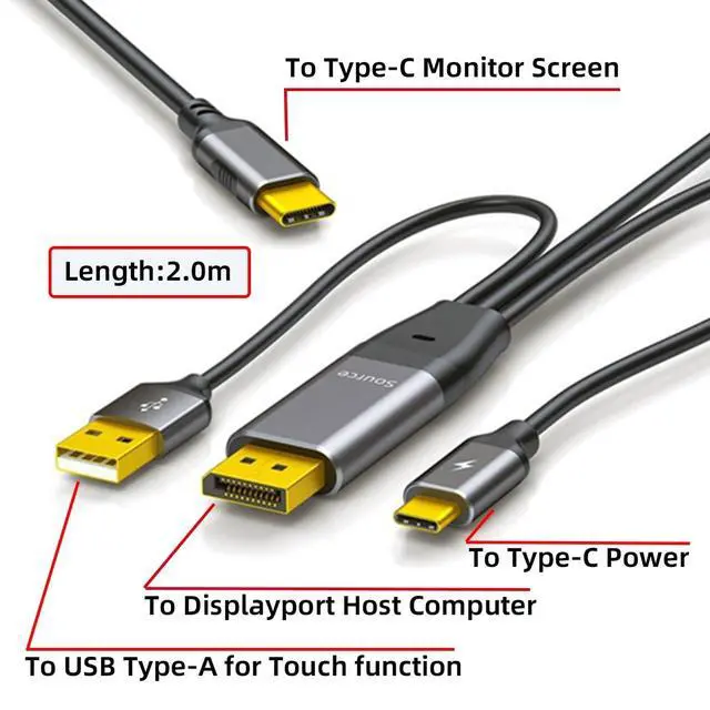 Alt view image 3 of 5 - CY Reversed Displayport Source to Type C USB-C Touch Screen Displays Male 4K HDTV Cable for Laptop Monitor 2.0m