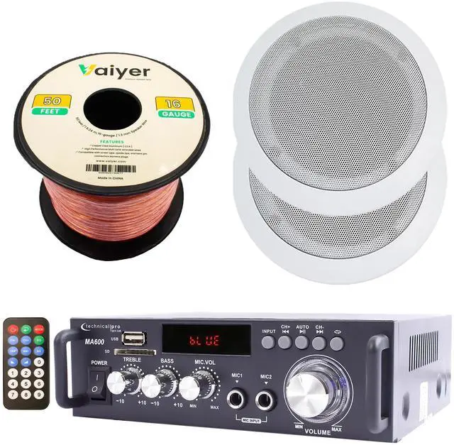 Main image of Home Theater System Kit 2 Channel, 600 Watts Bluetooth Amplifier w/ 2 Qty of 6.5" Framed Ceiling Speakers 200W Each, 50 ft Speaker Wire & Remote Perfect for Home, Restaurant Use by Technical Pro
