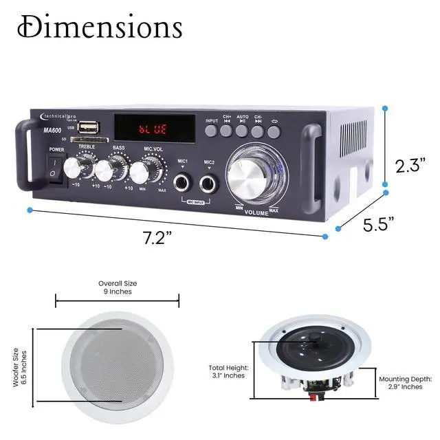 Alt view image 2 of 5 - Home Theater System Kit 2 Channel, 600 Watts Bluetooth Amplifier w/ 2 Qty of 6.5" Framed Ceiling Speakers 200W Each, 50 ft Speaker Wire & Remote Perfect for Home, Restaurant Use by Technical Pro