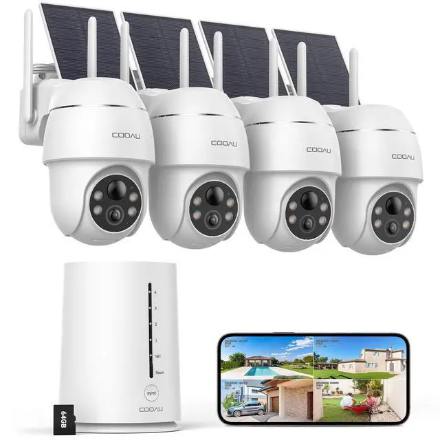 Main image of COOAU 4MP Solar Security Cameras Wireless Outdoor, 64GB Local Storage Outdoor Camera Wireless System, 360 Home Security, 5GHz & 2.4GHz WiFi, No Monthly Fee, Color Night Vision, PIR Motio