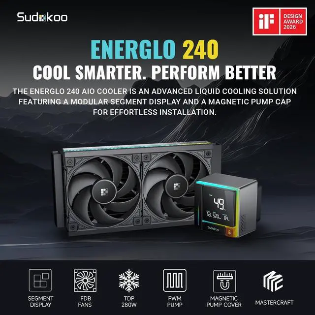 Alt view image 2 of 5 - Sudokoo ENERGLO 240 Liquid Cooler: 240mm AIO CPU Cooler with Data Display & PWM Pump - 2 x 120mm Black Water Cooling for Intel LGA 1851/1700/1200/115X & AMD AM5/AM4