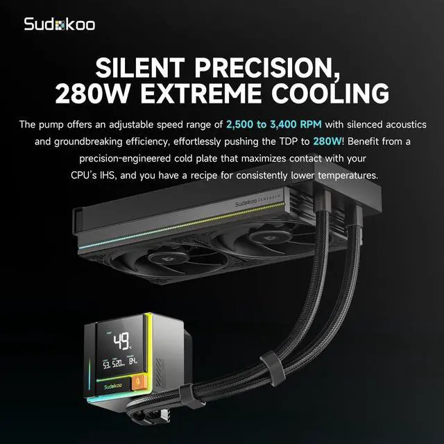 Alt view image 3 of 5 - Sudokoo ENERGLO 240 Liquid Cooler: 240mm AIO CPU Cooler with Data Display & PWM Pump - 2 x 120mm Black Water Cooling for Intel LGA 1851/1700/1200/115X & AMD AM5/AM4