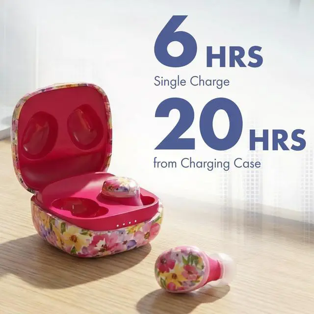 Alt view image 2 of 5 - Groovz Go Essential True Wireless Earbuds with Charging Case - Up to 26 Hrs Battery Life - Designed & Engineered in the USA - Sweat-Resistant Bluetooth Earbuds with Built-in Microphone - Floral