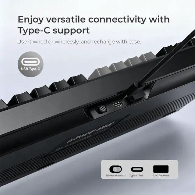 Alt view image 3 of 5 - ELECFOX LUMI101 Wireless Mechanical Keyboard,Full-Size Keyboard with Numeric keypadTri-Mode BT5.0/2.4GHz/USB-C Hot Swappable Custom Keyboard,RGB Backlit Computer Gaming Keyboards(Grey Mute Swit
