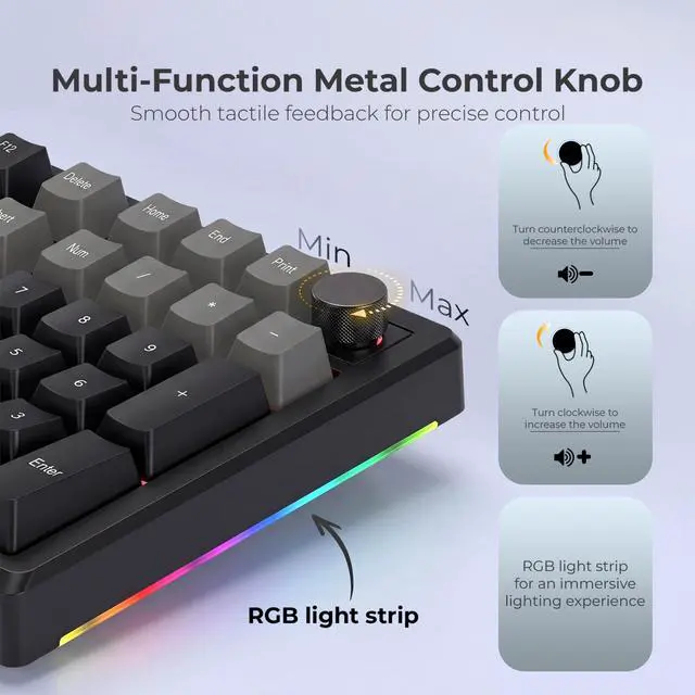 Alt view image 4 of 5 - ELECFOX LUMI101 Wireless Mechanical Keyboard,Full-Size Keyboard with Numeric keypadTri-Mode BT5.0/2.4GHz/USB-C Hot Swappable Custom Keyboard,RGB Backlit Computer Gaming Keyboards(Grey Mute Swit