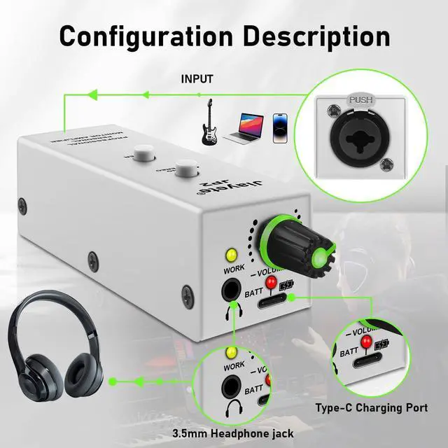 Alt view image 3 of 5 - Jiayete Rechargeable in-Ear Monitor Amplifier, Headphone Amp with XLR & TRS Input, 1/8-Inch Output, 8H Battery Life, Stereo/Mono for Bass, Guitar, Audio Mixer, and Keyboardists