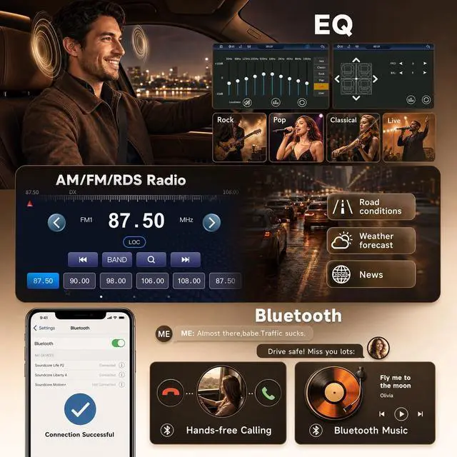 Alt view image 3 of 5 - Hodozzy 9 Inch Single Din Car Radio with Wireless Carplay Android Auto, IPS HD Touch Screen Car Stereo with Bluetooth, AM/FM/RDS Radio, EQ, Colorful Backlight, SWC, Support USB/Type-C+ Camera