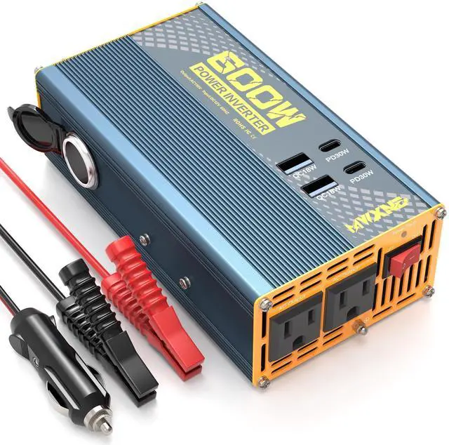 Main image of MWXNE 600W Car Power Inverter - 12V DC to 110V AC Converter with 1 Cigarette Lighter Outlet, Dual 30W USB-C, and Dual QC18W USB-A Fast Charging Ports Car Plug Adapter