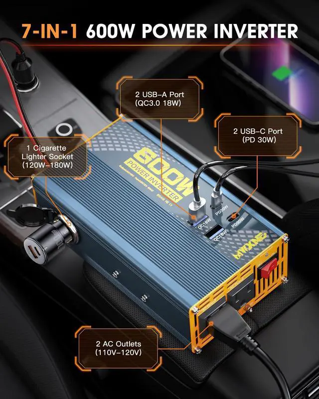 Alt view image 2 of 5 - MWXNE 600W Car Power Inverter - 12V DC to 110V AC Converter with 1 Cigarette Lighter Outlet, Dual 30W USB-C, and Dual QC18W USB-A Fast Charging Ports Car Plug Adapter