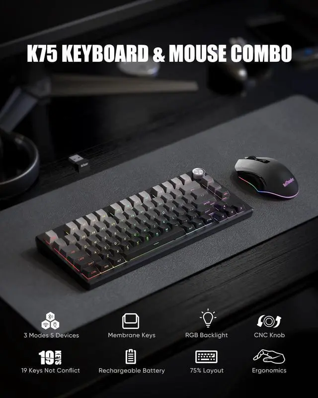 Alt view image 2 of 5 - RedThunder K75 Wireless Membrane Keyboard & Mouse Combo,75% Side-Engraved Keycaps,Optical Gaming Mouse with 4800DPI,3 Modes(BT/2.4G/Wired),Dual System,RGB Backlit,Rechargeable Battery,Gradient